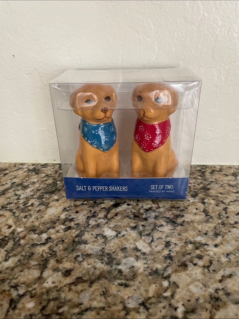 Boston Warehouse Dog Salt & Pepper Shakers with Blue and Red Bandanas